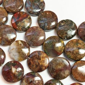 Pietersite Gemstone Beads. Full 15" Strand Of 15mm Coin Shaped Beads, About 26 Beads. Mixed Gold, Red And Browns With Some Flash. Pietersite Gemstone Beads. Full 15" Strand Of 15mm Coin Shaped Beads, About 26 Beads. Mixed Gold, Red And Browns With Some Flash.