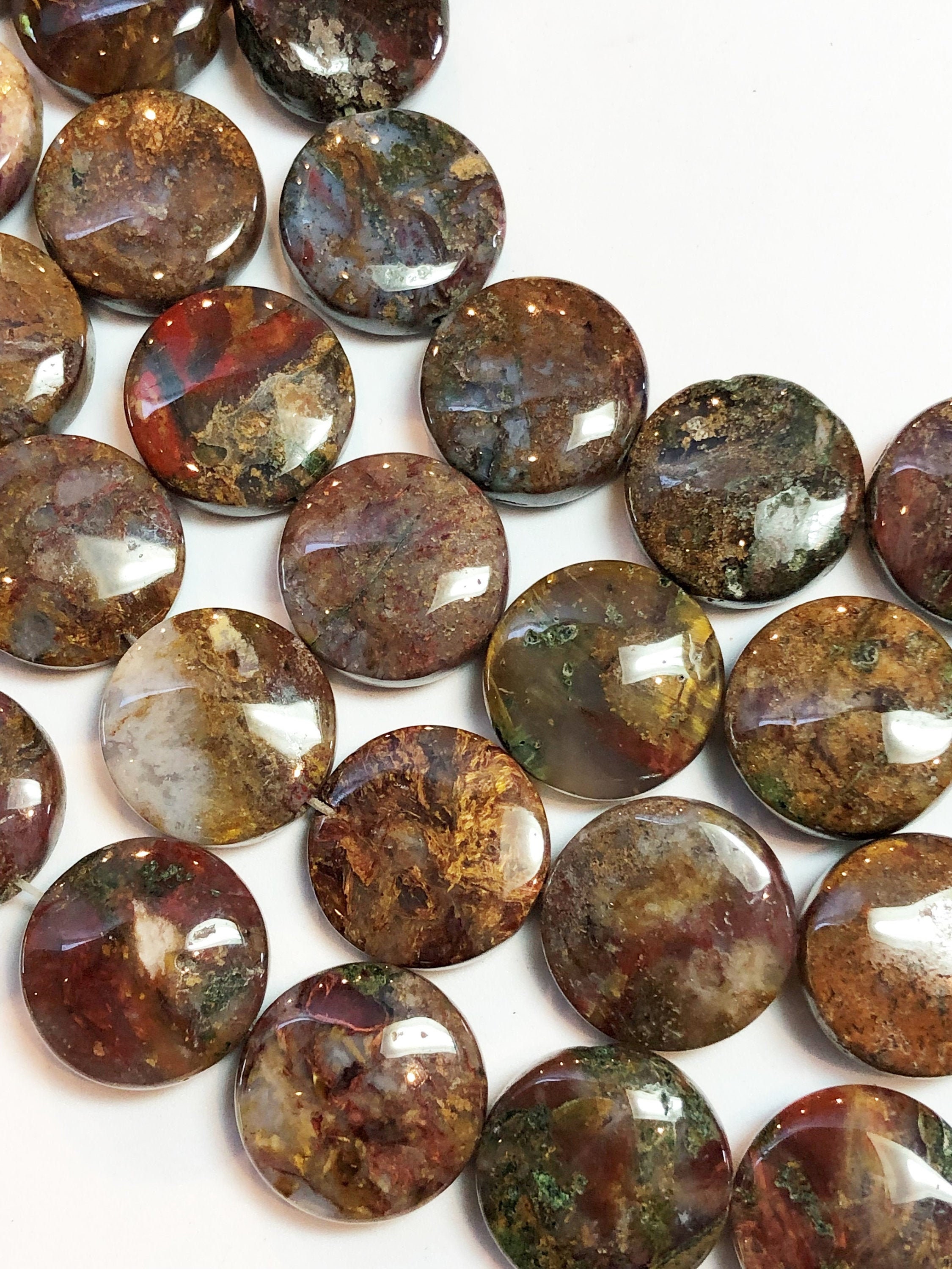 Pietersite Gemstone Beads. Full 15" Strand Of 15mm Coin Shaped Beads, About 26 Beads. Mixed Gold, Red And Browns With Some Flash.
