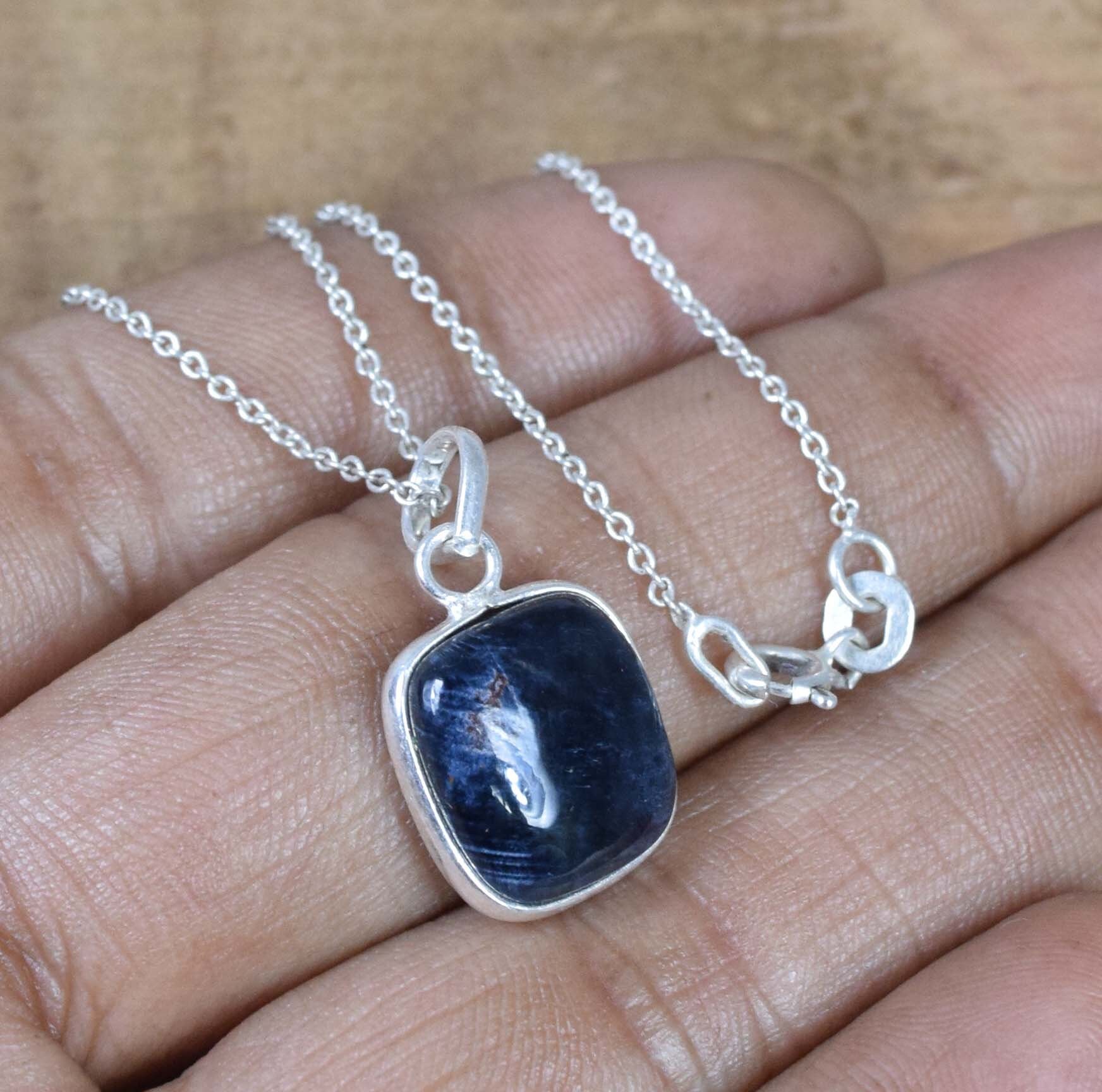 Blue Pietersite Sterling Silver Pendant: Square Gemstone Necklace