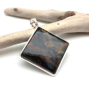 Sterling Silver Pietersite Pendant, Geometric Stone (40mm)