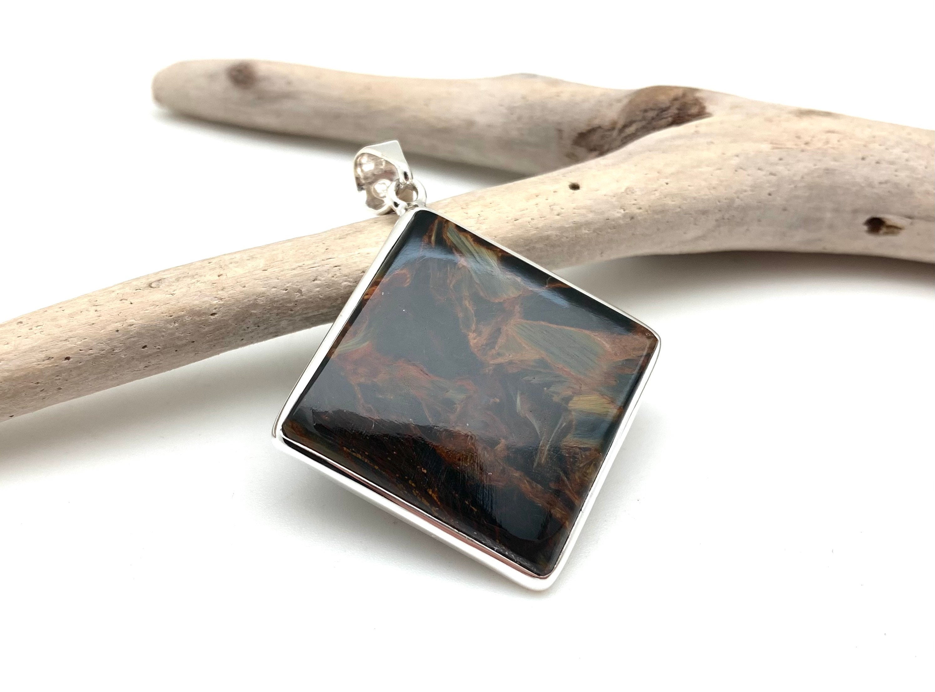 Sterling Silver Pietersite Pendant, Geometric Stone (40mm)