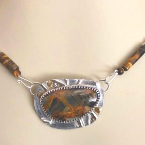 Golden Blue Pietersite Sterling Silver Pendant Necklace: Tiger-Eye Clasp