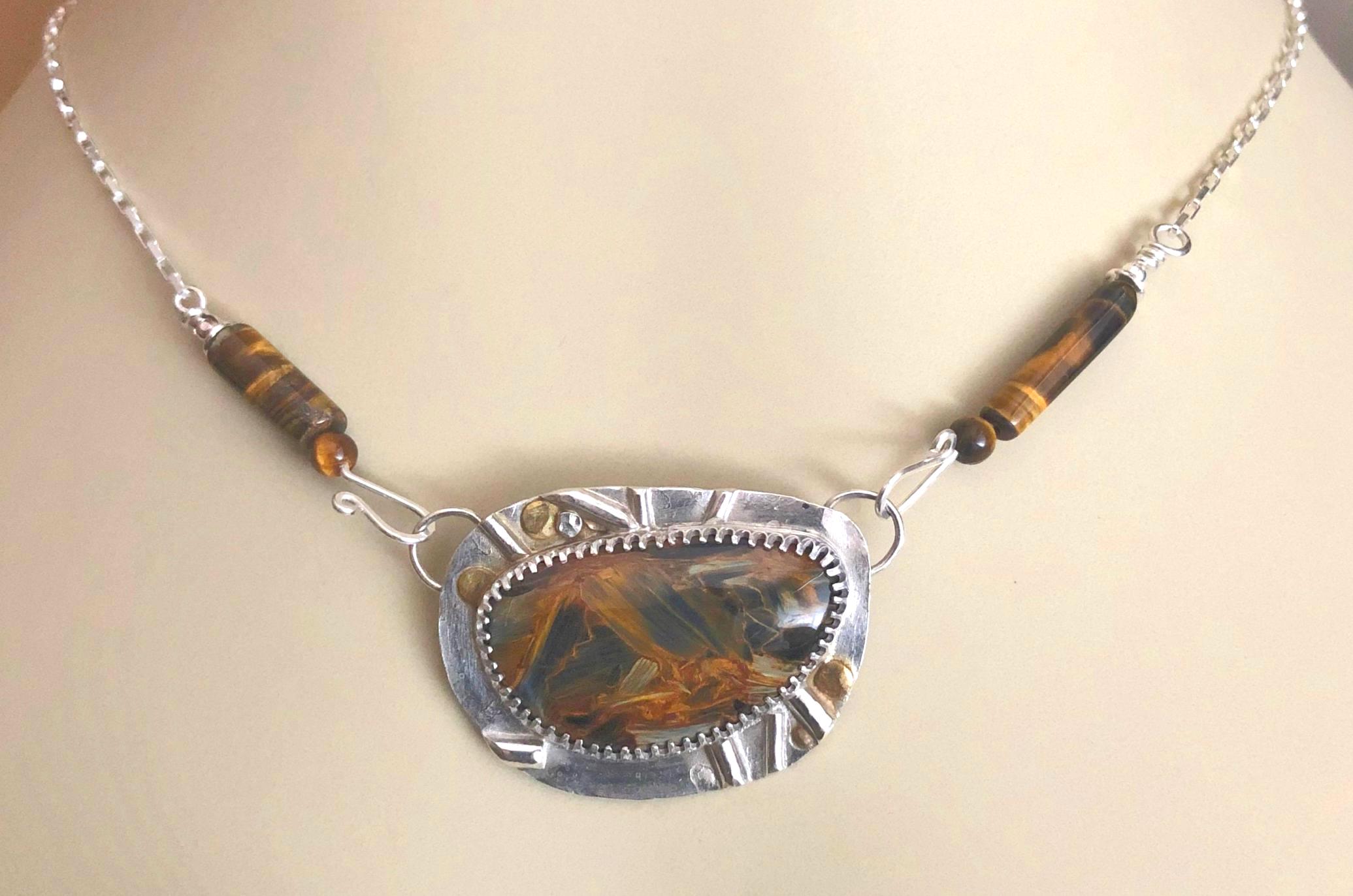 Golden Blue Pietersite Sterling Silver Pendant Necklace: Tiger-eye Clasp