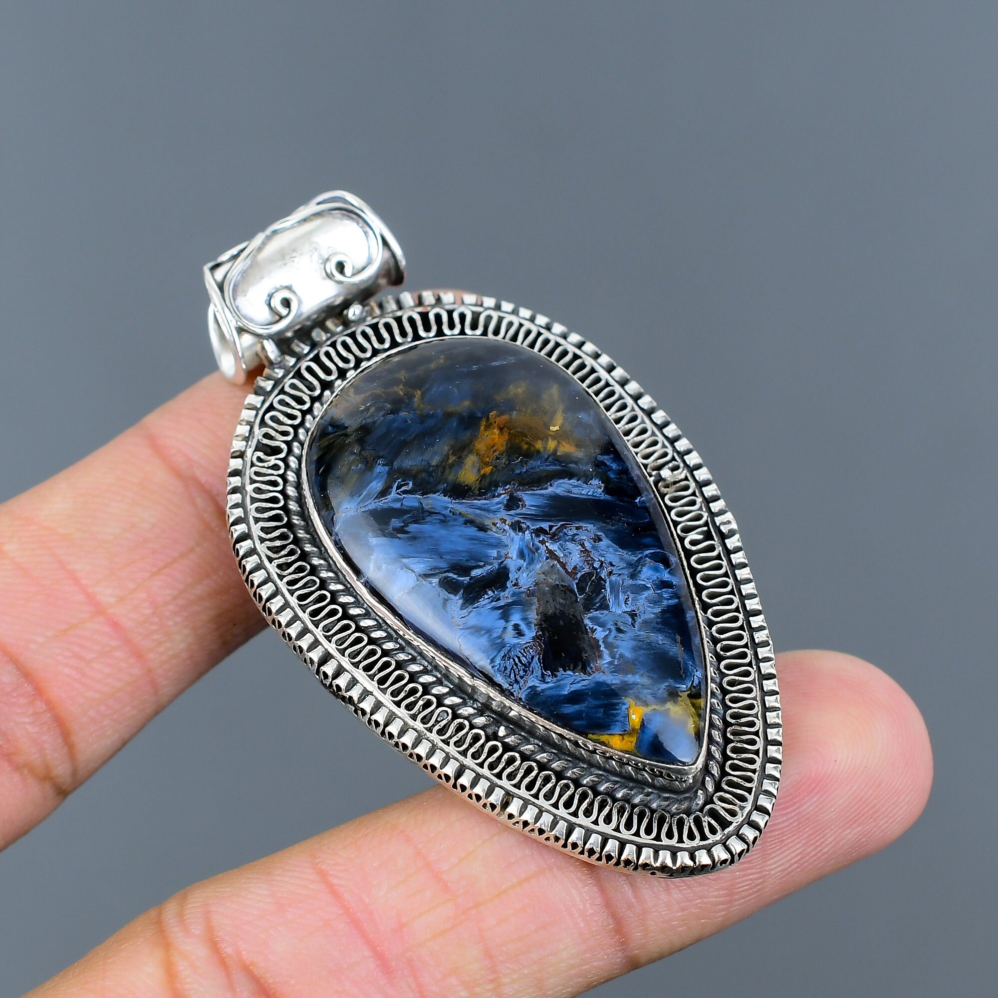 Handmade Pietersite Pendant: 925 Sterling Silver, 18k Gold Plated