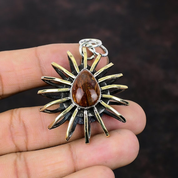 Handmade Golden Pietersite Pendant: 925 Sterling Silver, 18k Gold Plated Cage