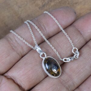 Handmade Pietersite Pendant: Oval Gemstone, 925 Sterling Silver Chain