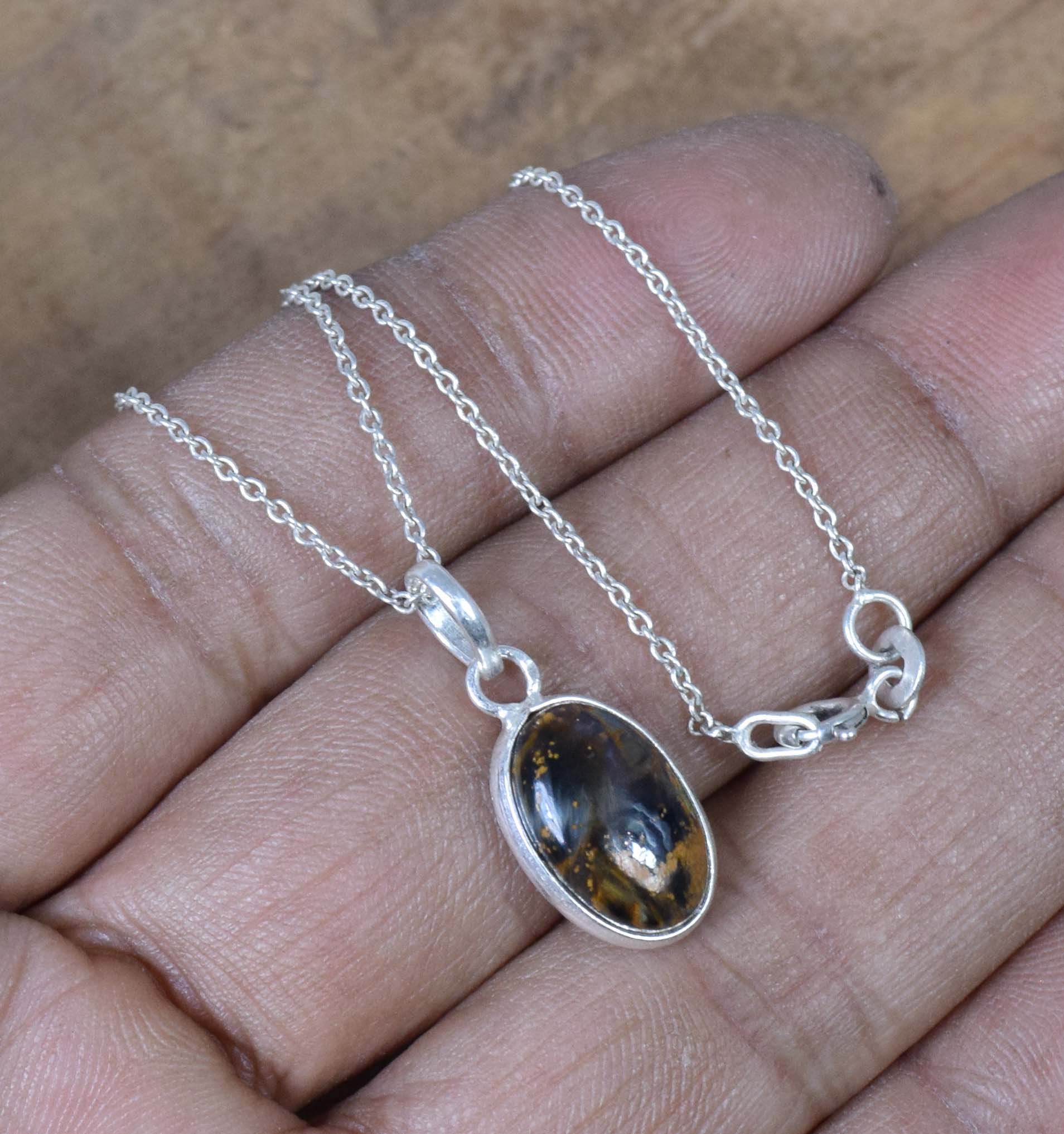Handmade Pietersite Pendant: Oval Gemstone, 925 Sterling Silver Chain
