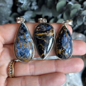 Pietersite Pendant Necklace, .925 Sterling Silver, Inverted Teardrop, Pear, Square