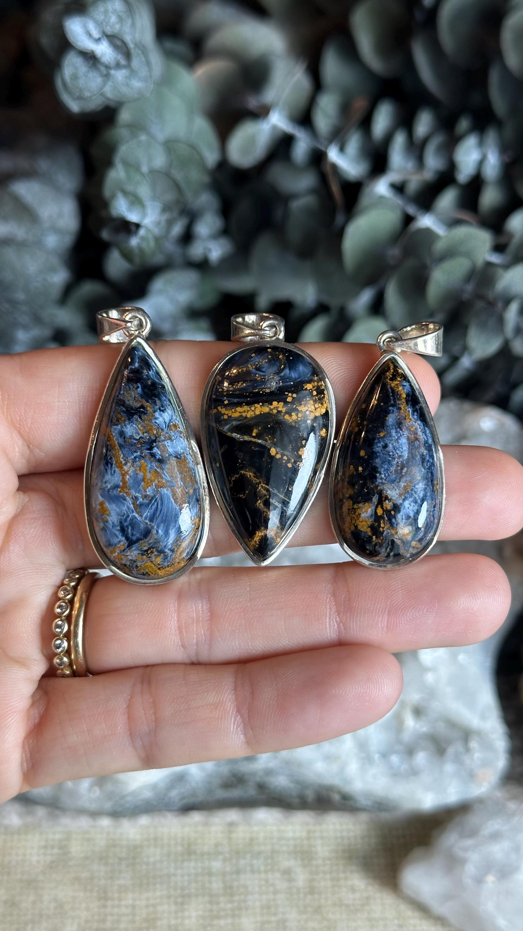 Pietersite Pendant Necklace, .925 Sterling Silver, Inverted Teardrop, Pear, Square