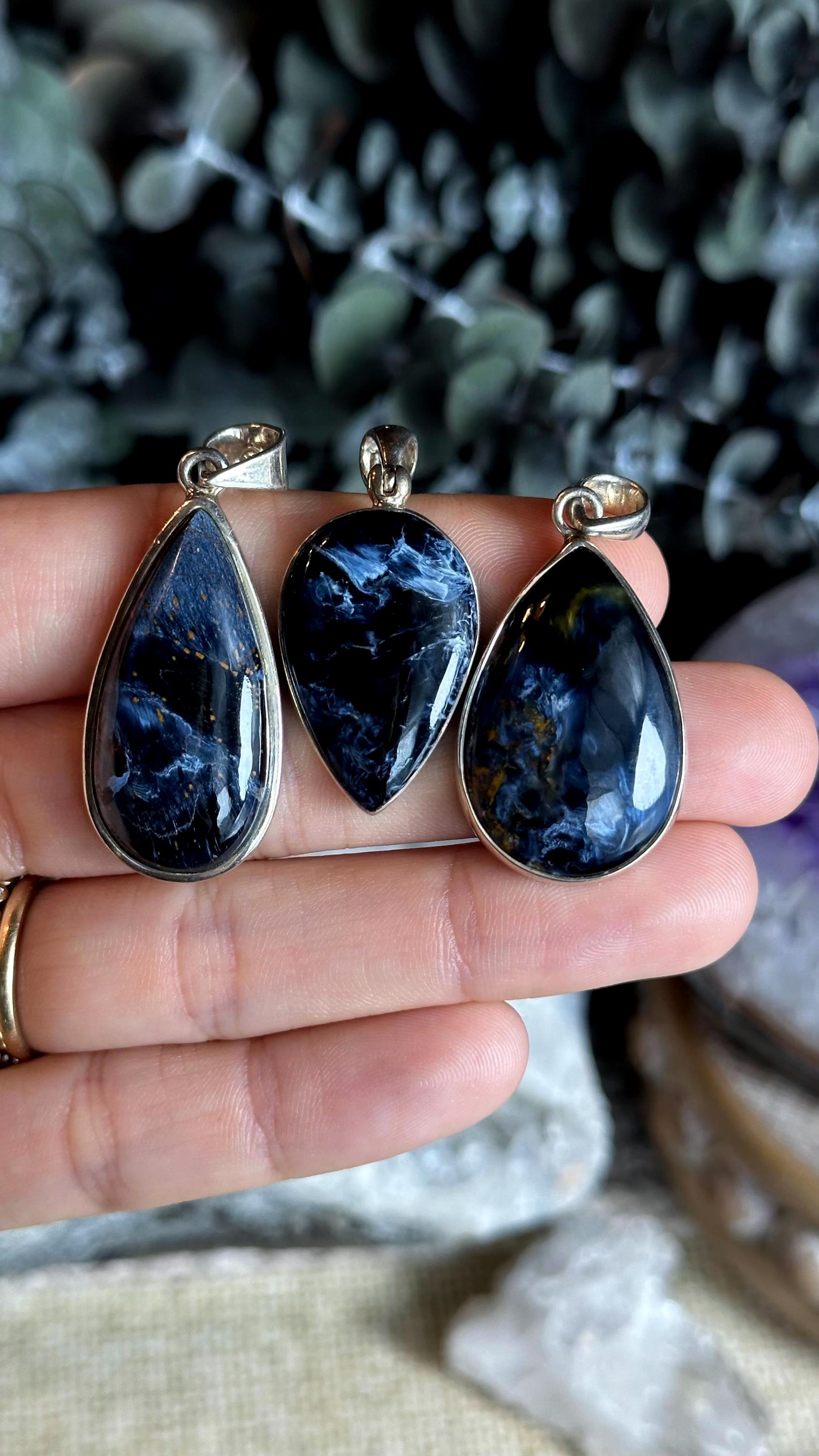 Pietersite Pendant Necklace, .925 Sterling Silver, Inverted Teardrop, Pear, Square