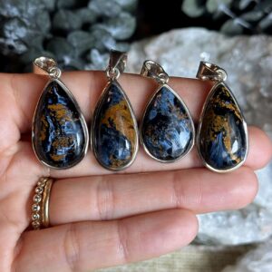 Pietersite Pendant Necklace, .925 Sterling Silver, Inverted Teardrop, Pear, Square