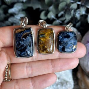 Pietersite Pendant Necklace, .925 Sterling Silver, Inverted Teardrop, Pear, Square