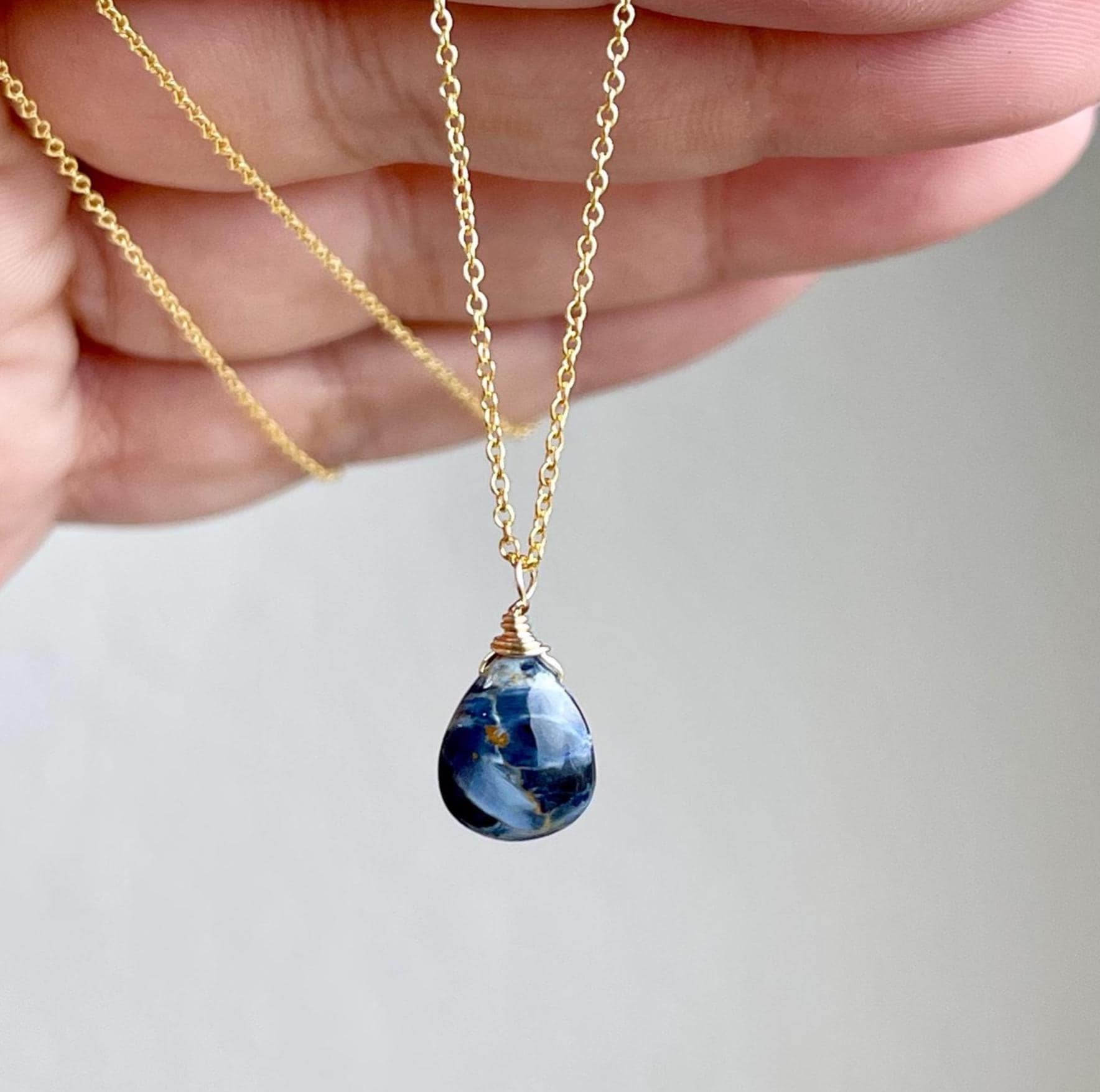 Pietersite Necklace, Smooth Navy Blue And Yellow Teardrop Pendant, Layering Minimal Necklace In Gold Or Silver, Minimalist Jewelry Mom Gift
