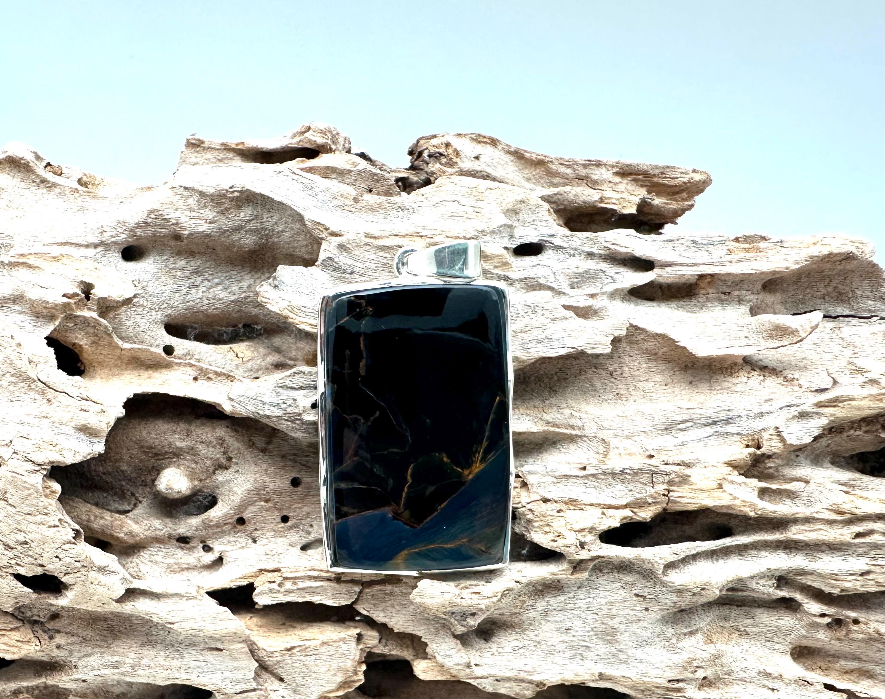 Sterling Silver Pietersite Pendant, Geometric Stone (40mm)