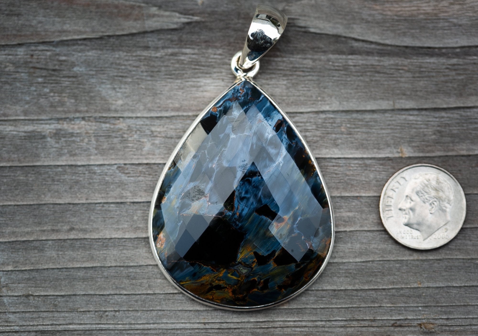 Sterling Silver Pietersite Pendant: Large Checkerboard Cut Gemstone