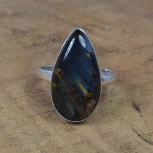 Blue Pietersite Sterling Silver Ring: Handmade Pear Gemstone Jewelry, Us Size 13