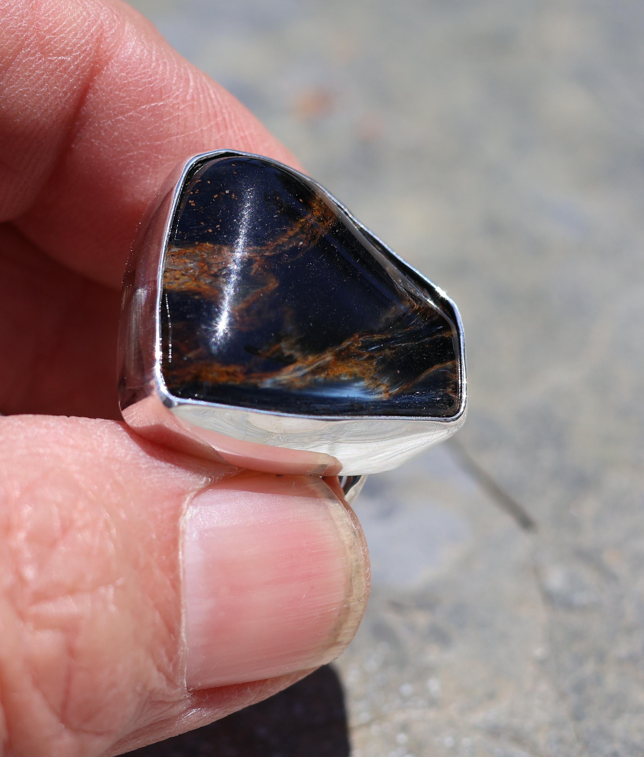 Pietersite Ring, Deep Shimmery Chatoyant, Brown,deep Blue, With Natural Brown Accents, Size 10, Eagles Eye Stone, Sterling Silver