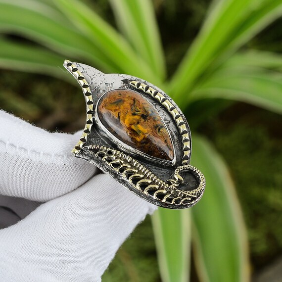 Golden Pietersite Ring: Handmade 18k Gold Plated Sterling Silver Adjustable Jewelry