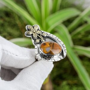 Golden Pietersite Ring: Handmade 925 Sterling Silver, 18k Gold Flower, Adjustable