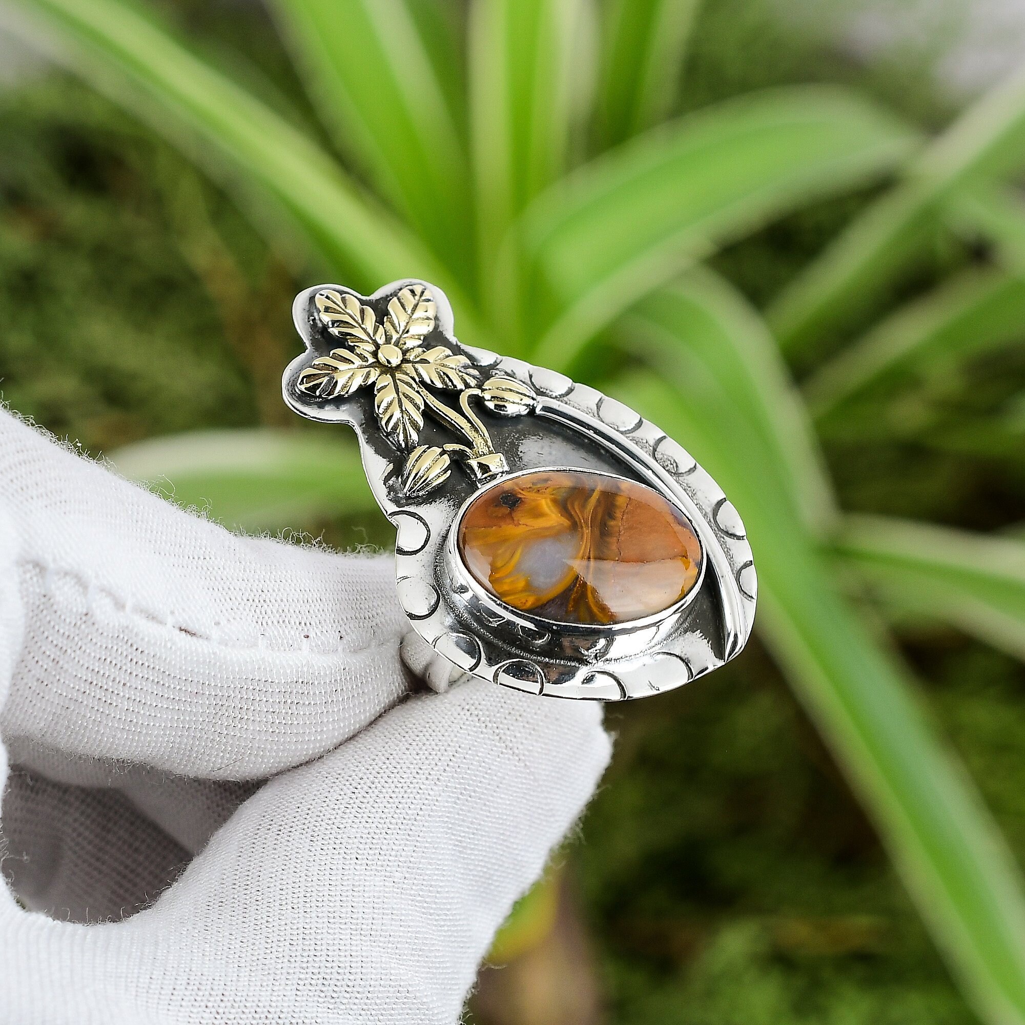 Golden Pietersite Ring: Handmade 925 Sterling Silver, 18k Gold Flower, Adjustable