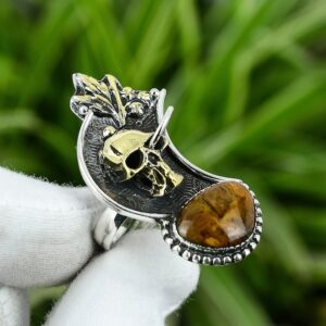 Golden Pietersite Skull Ring: Adjustable Sterling Silver, 18k Gold Plated