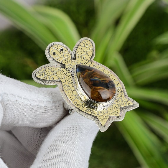Golden Pietersite Tortoise Ring: Adjustable Sterling Silver, 18k Gold Plated