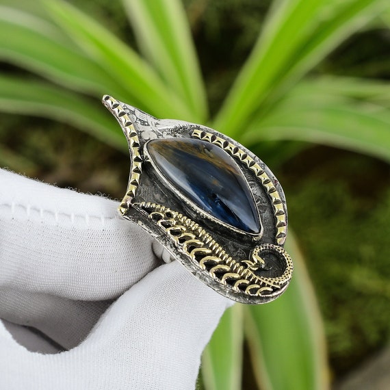 Handmade Pietersite Ring: 18k Gold Plated Sterling Silver Adjustable Band