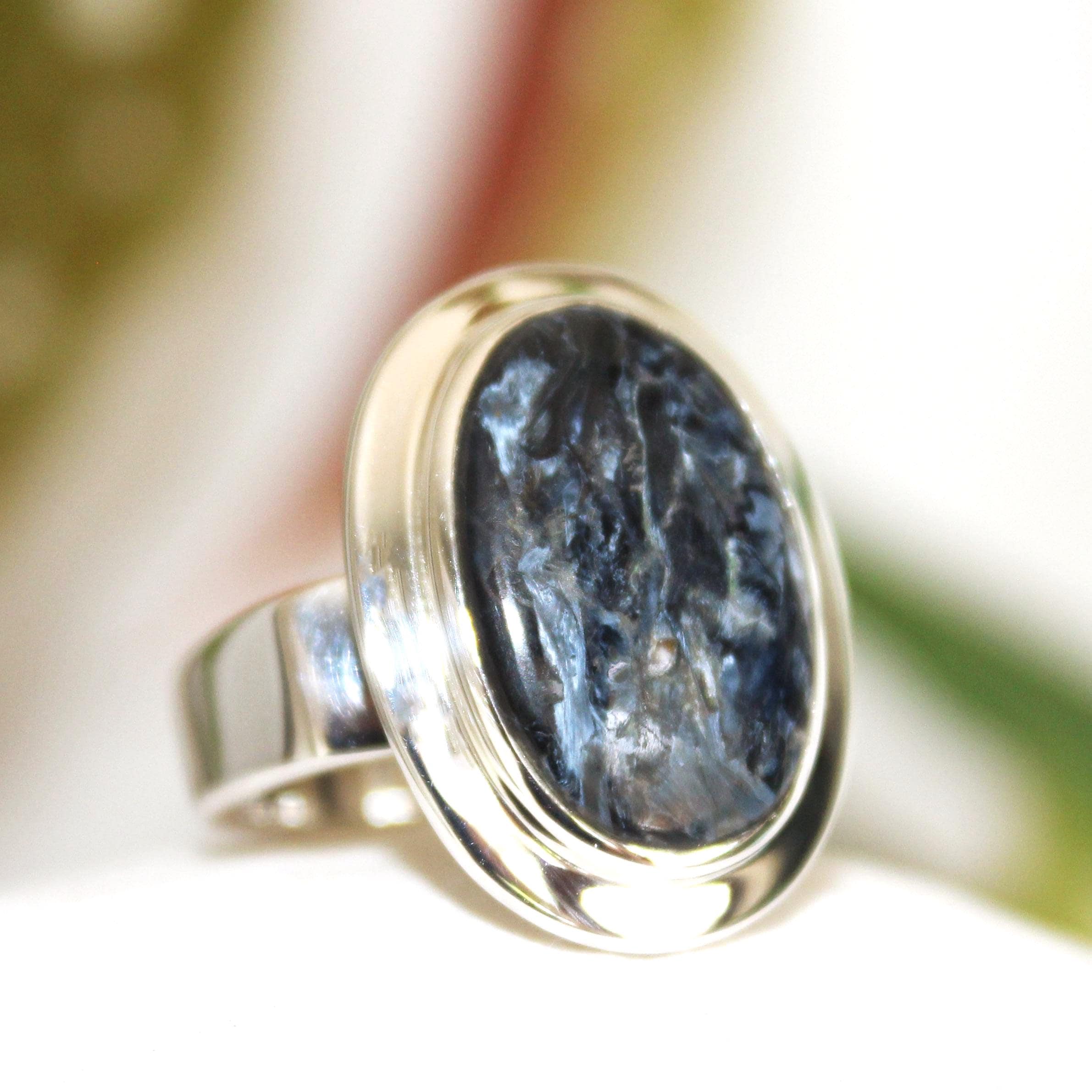 Oval Pietersite Ring: Stormy Black & Blue Cabochon, Sterling Silver Bezel, Size 7.5