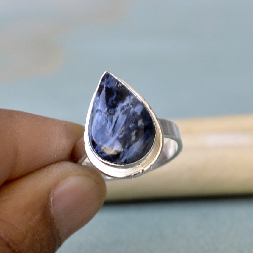 Pear Pietersite Jasper Ring: Artisan Sterling Silver, Gold Fill
