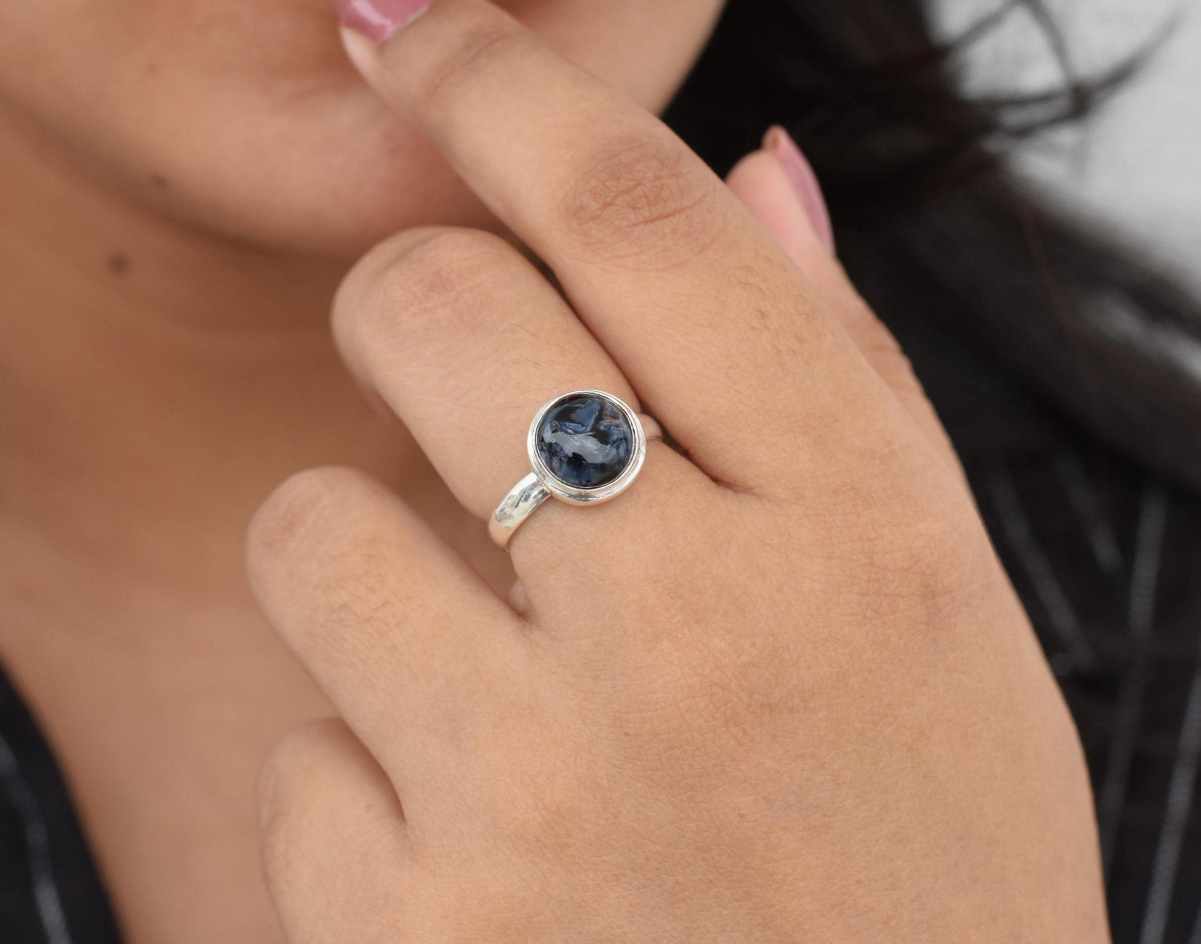 Pietersite Ring, Simple Ring, Sterling Silver Ring, Artisan Ring, Blue Pietersite Jewelry, Handmade Silver Rings, Natural Stone, Christmas