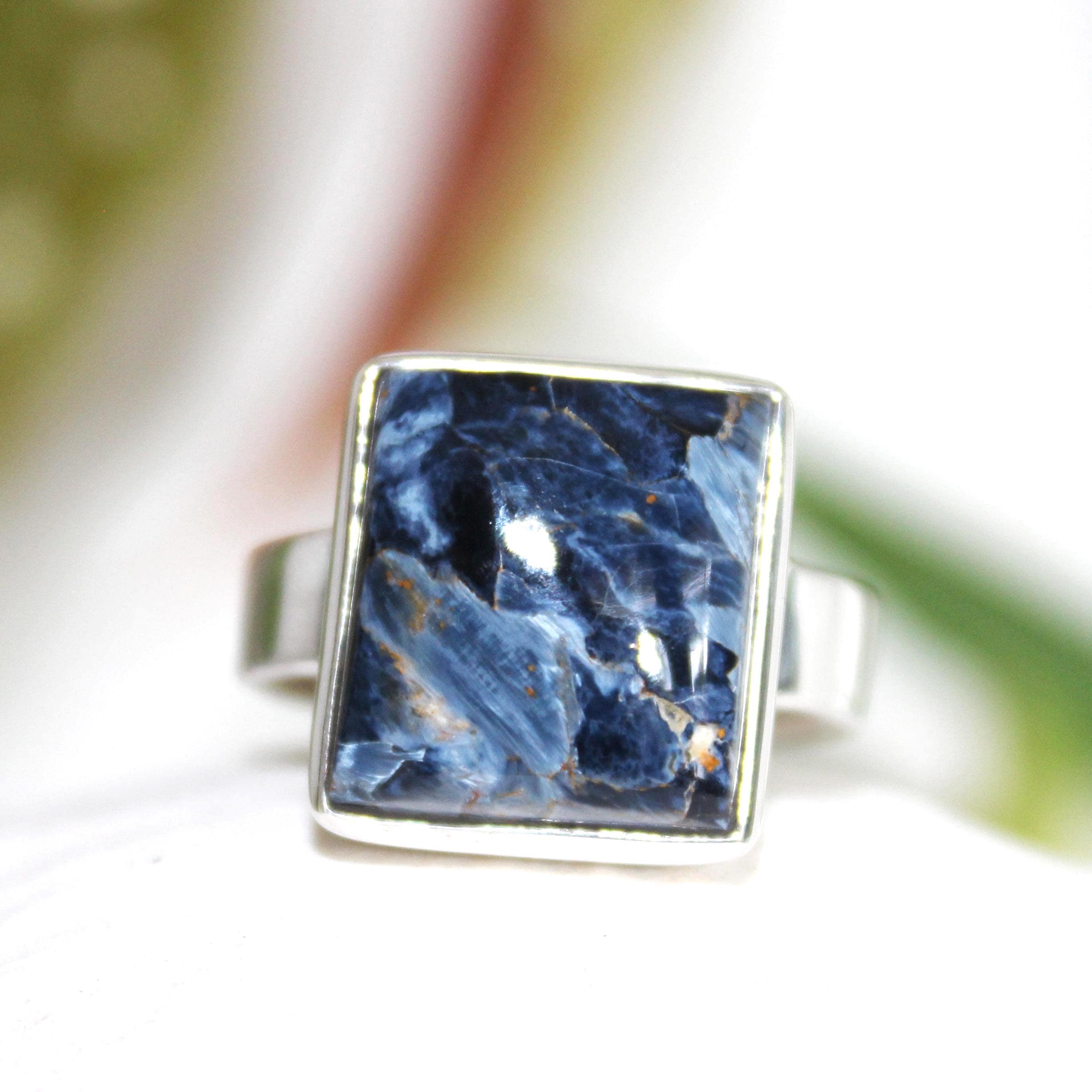 Sterling Silver Pietersite Ring: Storm Stone Cabochon, Size 7-8
