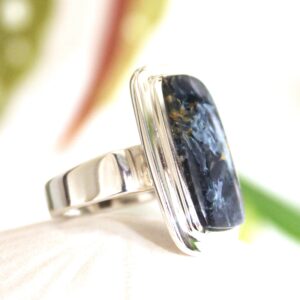 Stormy Blue Pietersite Ring: Rectangular 925 Silver Unisex Ring, Size 7.5-8