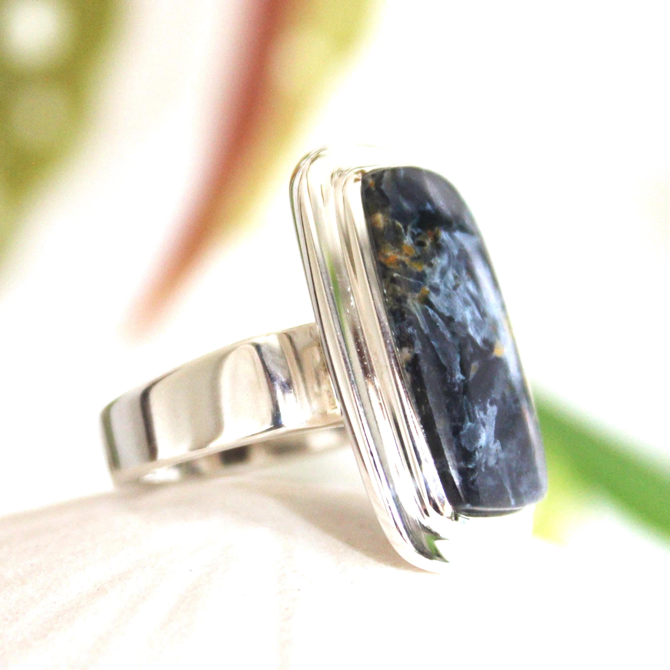 Stormy Blue Pietersite Ring: Rectangular 925 Silver Unisex Ring, Size 7.5-8