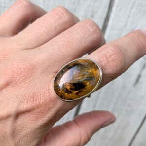 Stunning Large Oval Brown Black Golden Swirly Luminescent Pietersite Sterling Silver Ring , Golden Brown Swirly Stone Ring , Size 9.25-9.75