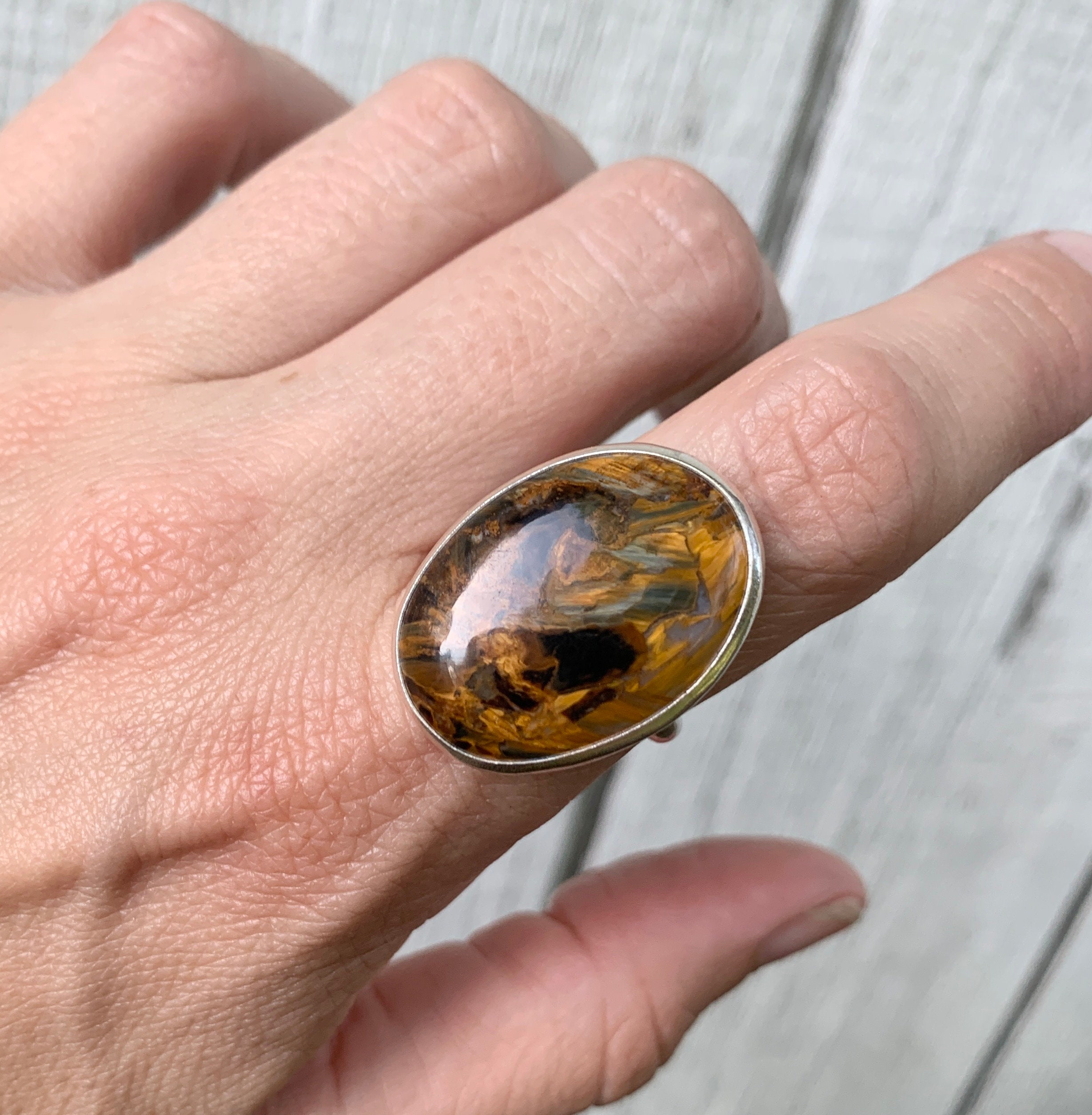Stunning Large Oval Brown Black Golden Swirly Luminescent Pietersite Sterling Silver Ring , Golden Brown Swirly Stone Ring , Size 9.25-9.75