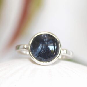 Tiny Pietersite Ring: Black & Blue Cab Stone, Solid Silver 925, Size 8