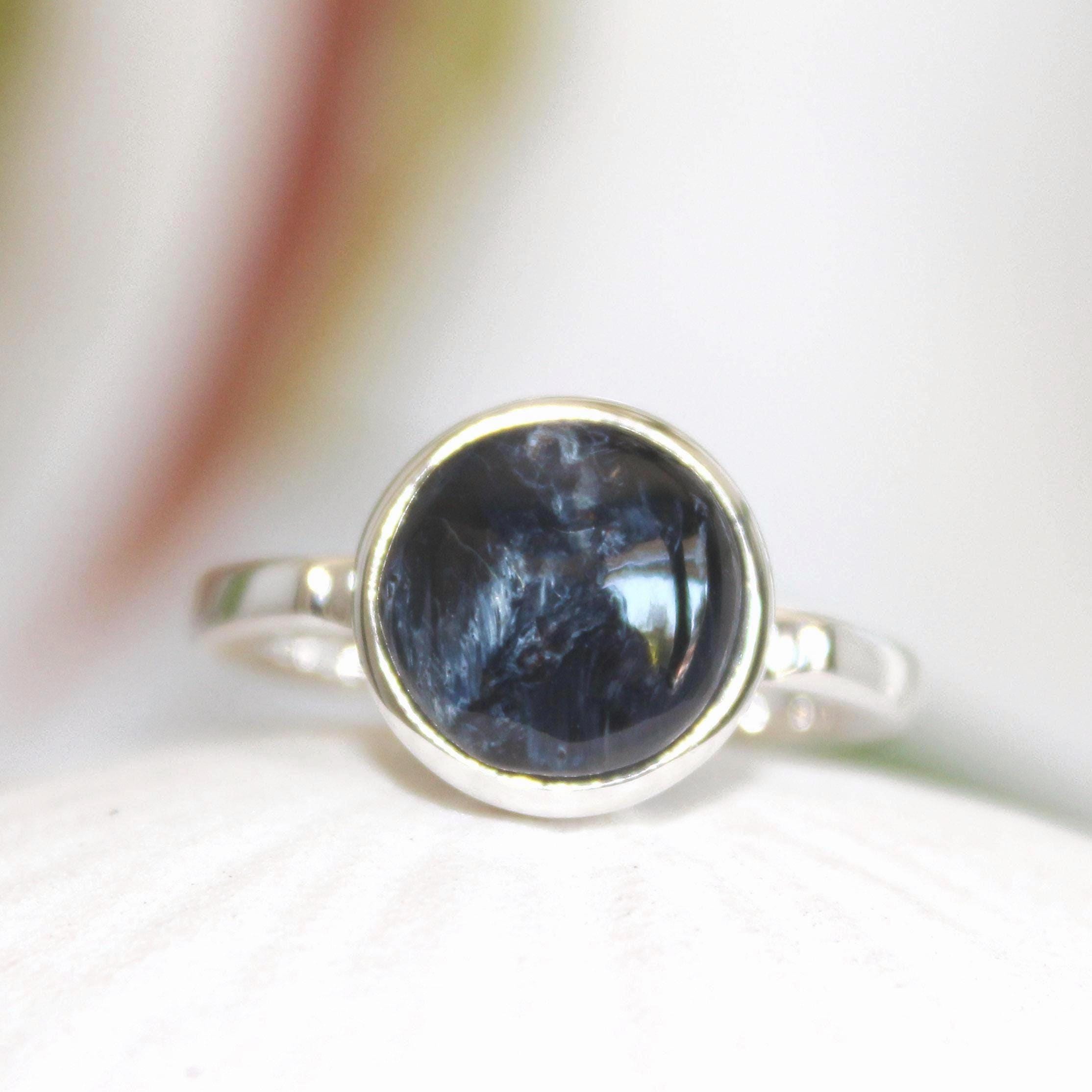 Tiny Pietersite Ring: Black & Blue Cab Stone, Solid Silver 925, Size 8