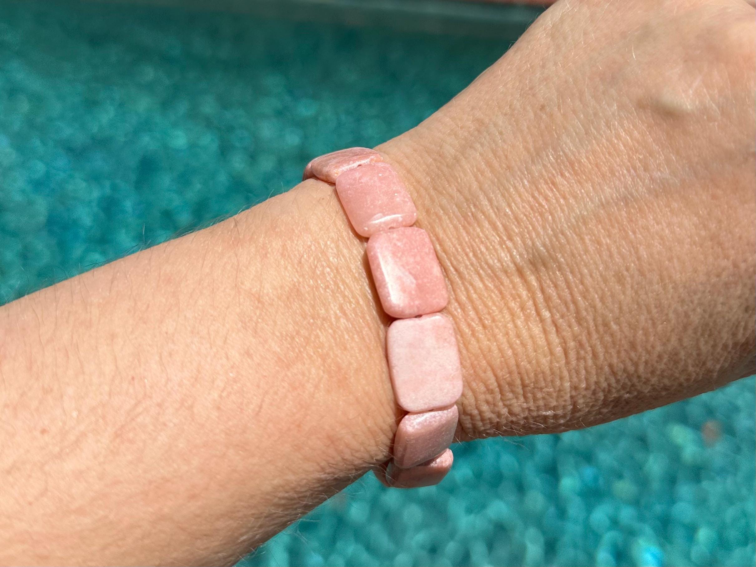 Pink Calcite Bracelet - Rectangle Gemstone, 7 Inch Stretch