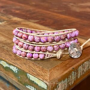 Pink Calcite Beaded Bracelet, Boho Leather Triple Wrap Pink Calcite Beaded Bracelet, Boho Leather Triple Wrap