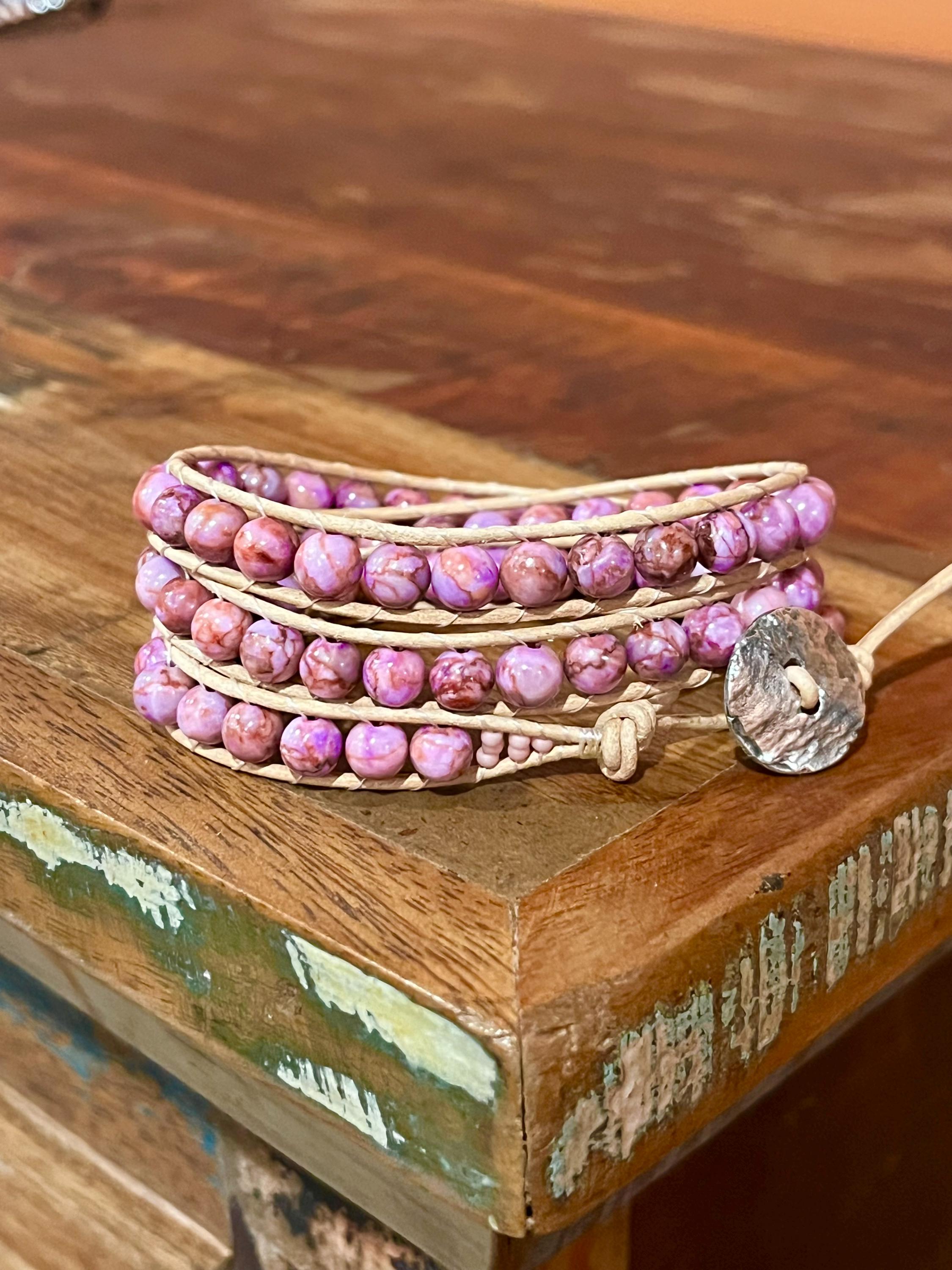 Pink Calcite Beaded Bracelet, Boho Leather Triple Wrap Pink Calcite Beaded Bracelet, Boho Leather Triple Wrap