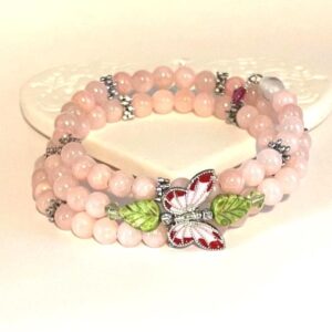 Pink Butterfly Memory Wire Bracelet, size M with pink and green beads Pink Butterfly Memory Wire Bracelet, size M with pink and green beads