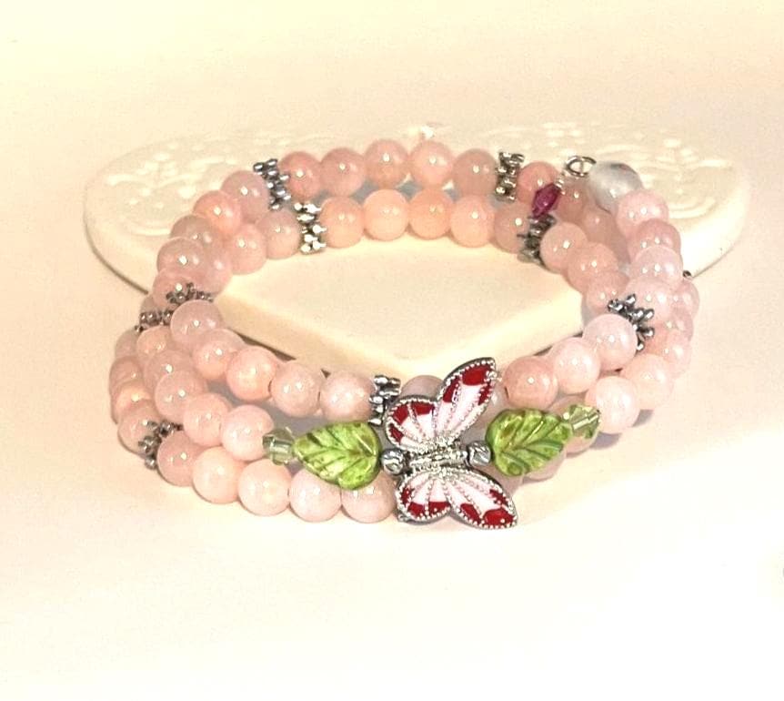 Pink Butterfly Memory Wire Bracelet, Size M With Pink And Green Beads Pink Butterfly Memory Wire Bracelet, Size M With Pink And Green Beads
