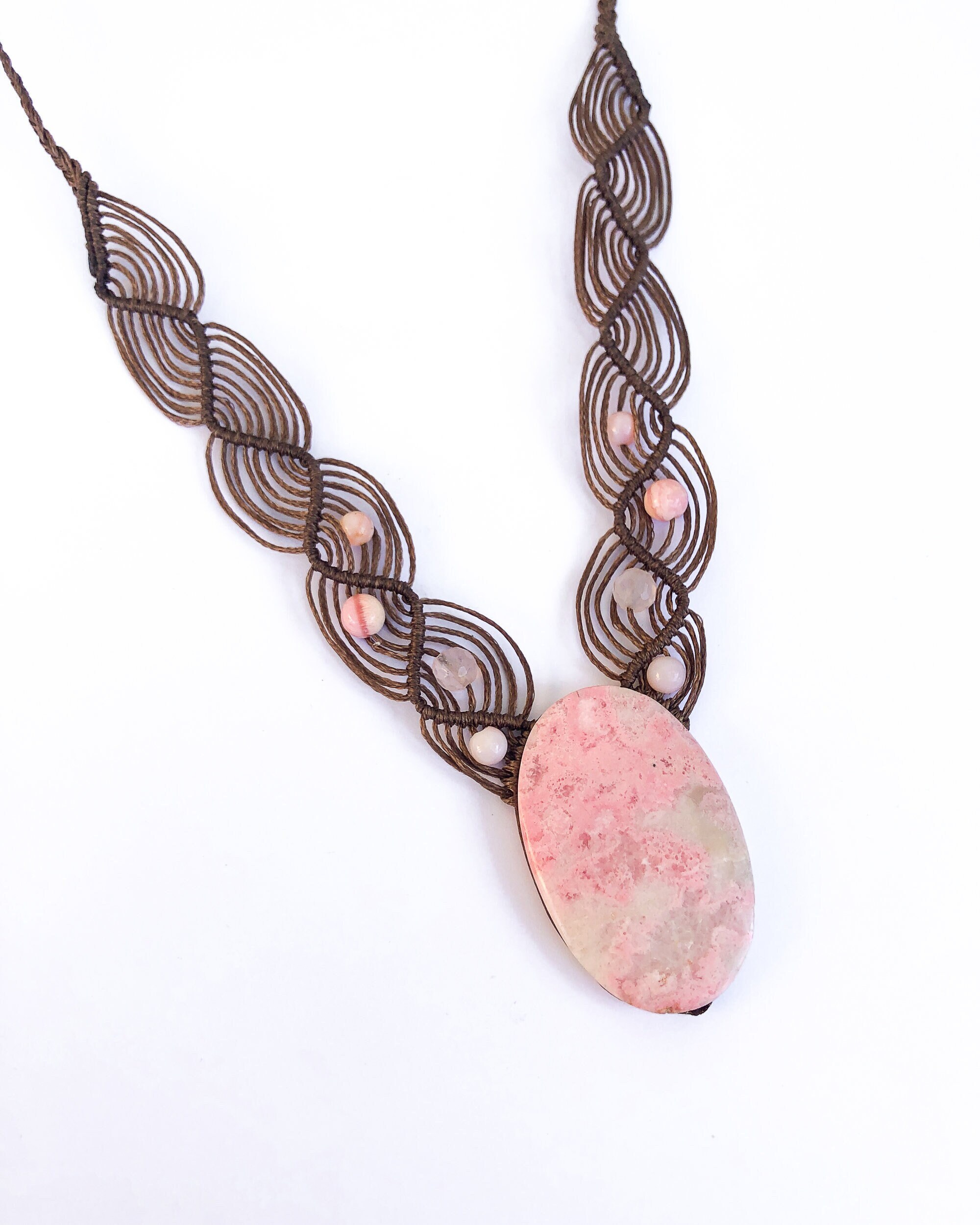 Mangano Macrame Necklace, Pink Calcite, Natural Pink Stone, Macrame Jewelry, Pastel Colors, Boho, Gift For Her, Tribal, Ethnic Pink Necklace