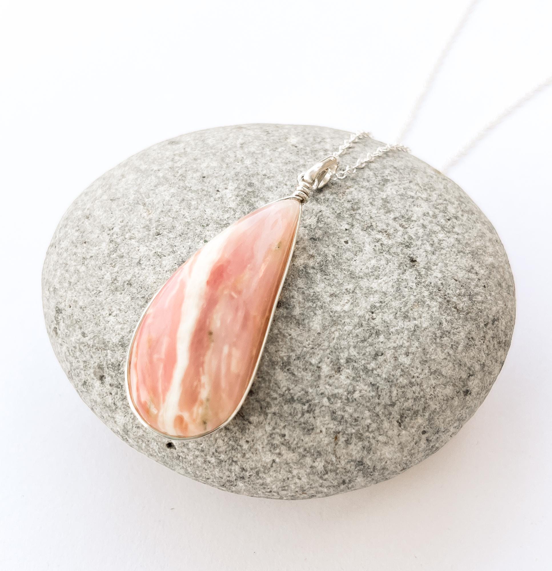 Pink Mangano Sterling Silver Pendant, Pink Calcite, Natural Pink Gemstone, Asymmetric Drop Shape Mangano Pendant, Pink Jewelry, Gift For Her