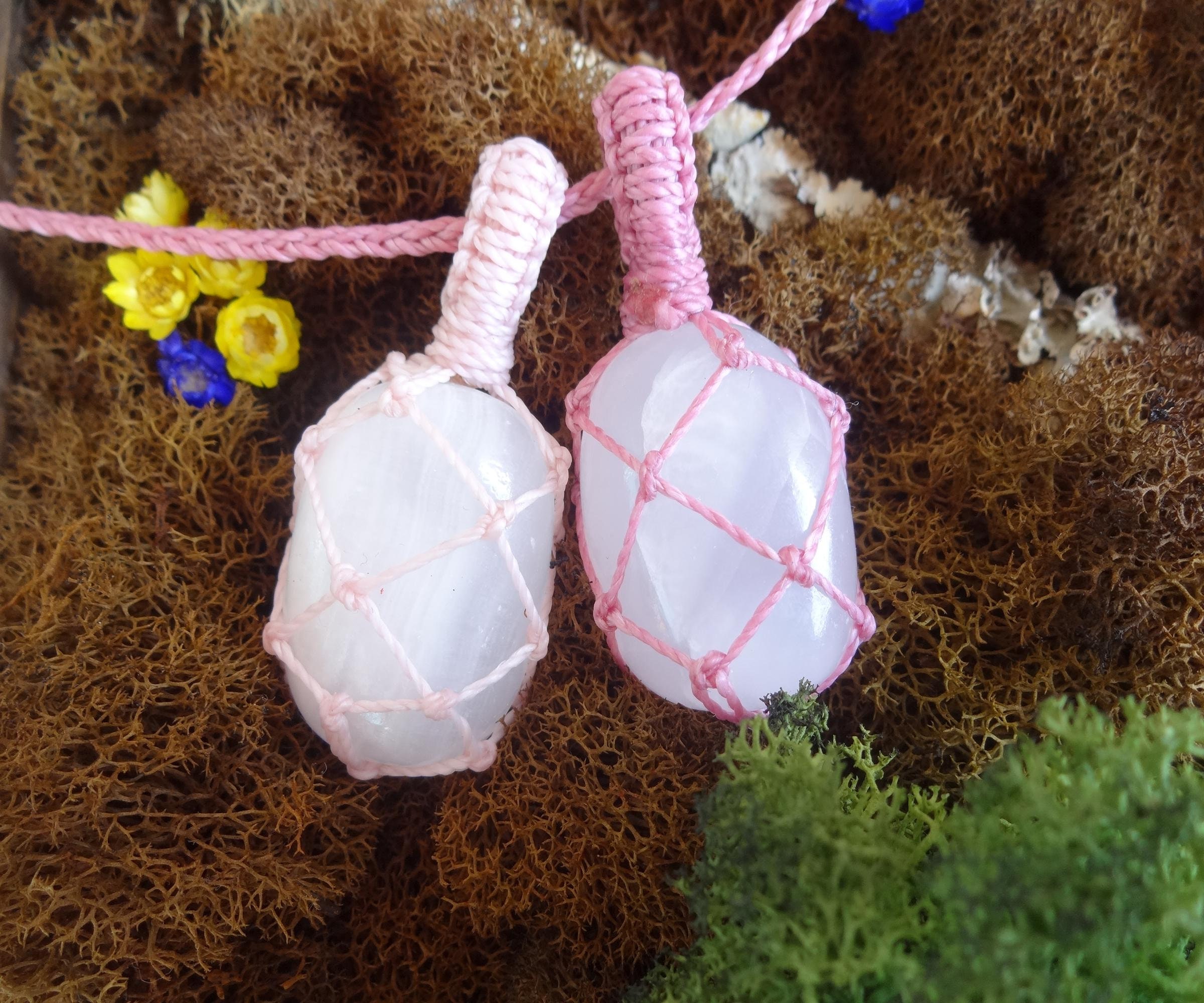 Pink Manganoan Calcite Pendant Necklace, Mangano Pink Calcite Heart Chakra, Gemstone Pendants, Macrame Necklace Womens Gift