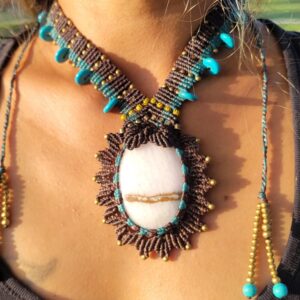Pink Calcite Pendant Necklace – Brown and Blue Macrame with Antique Brass and Blue Beads | Boho Hippie Style