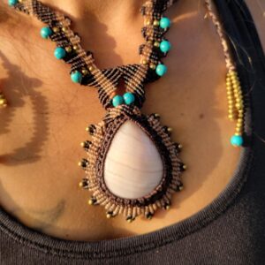 Ornate Pink Calcite Pendant Necklace – Elegant Macramé with Brass & Turquoise Accents | Boho Hippie Necklace