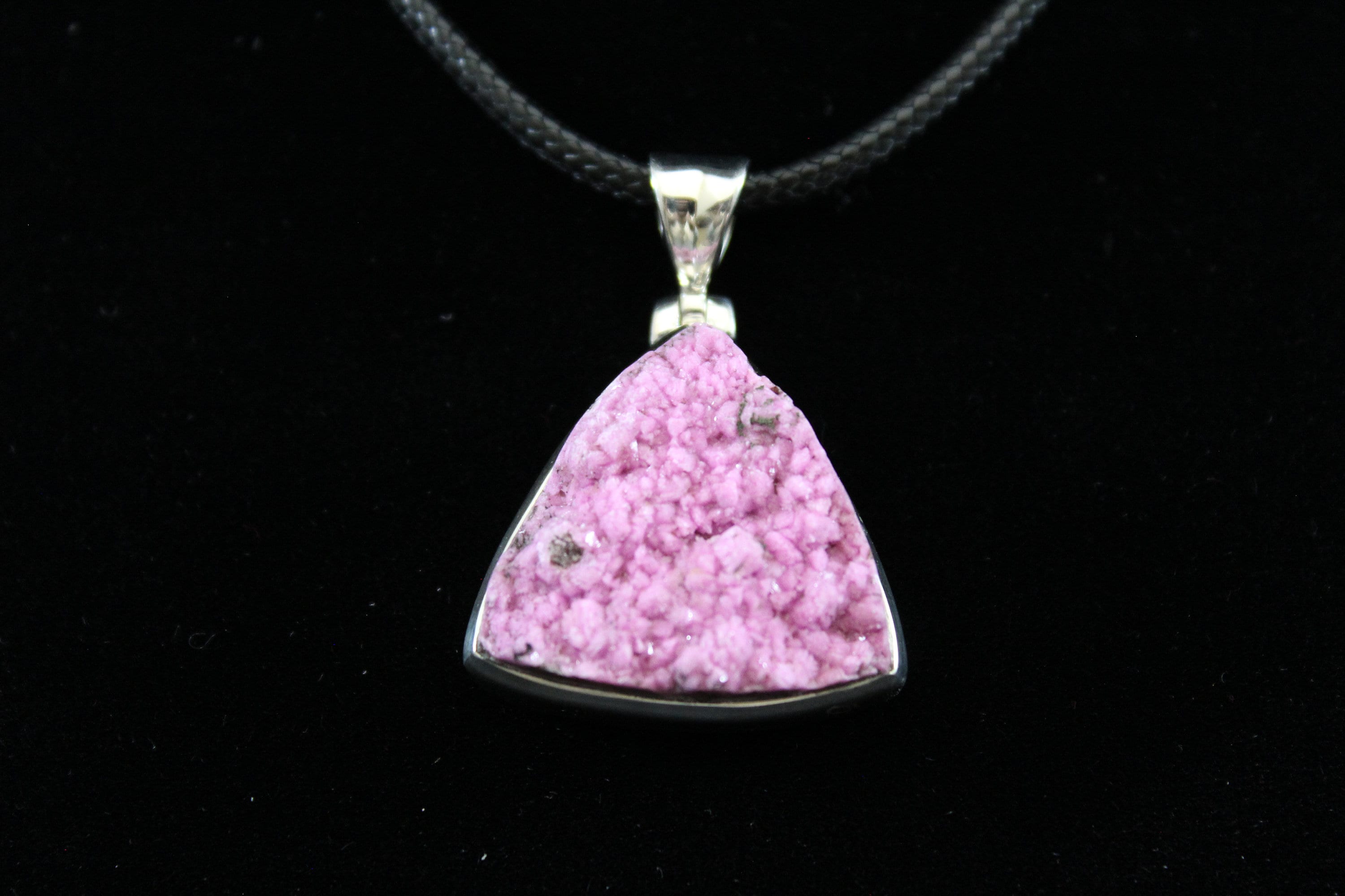 Sterling Silver Triangle Shaped Bezel Set Cobalt Pink Calcite Gemstone Necklace