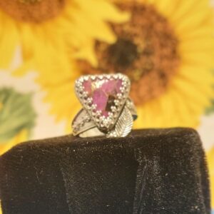 Pink Calcite with Obsidian,sterling silver ring, size 5 3/4, with leaf, blossom and a blossom band.