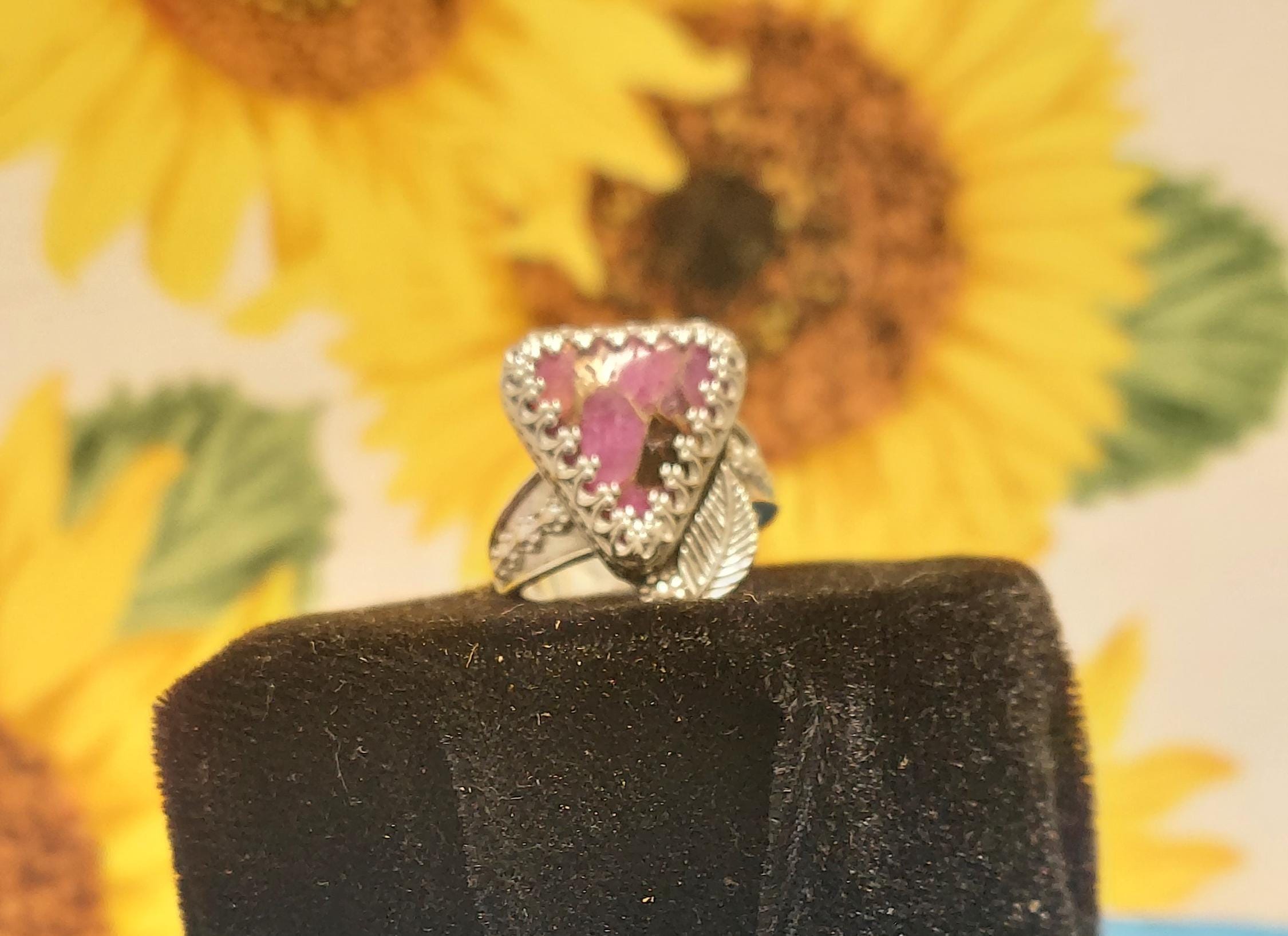 Pink Calcite With Obsidian,sterling Silver Ring, Size 5 3/4, With Leaf, Blossom And A Blossom Band.